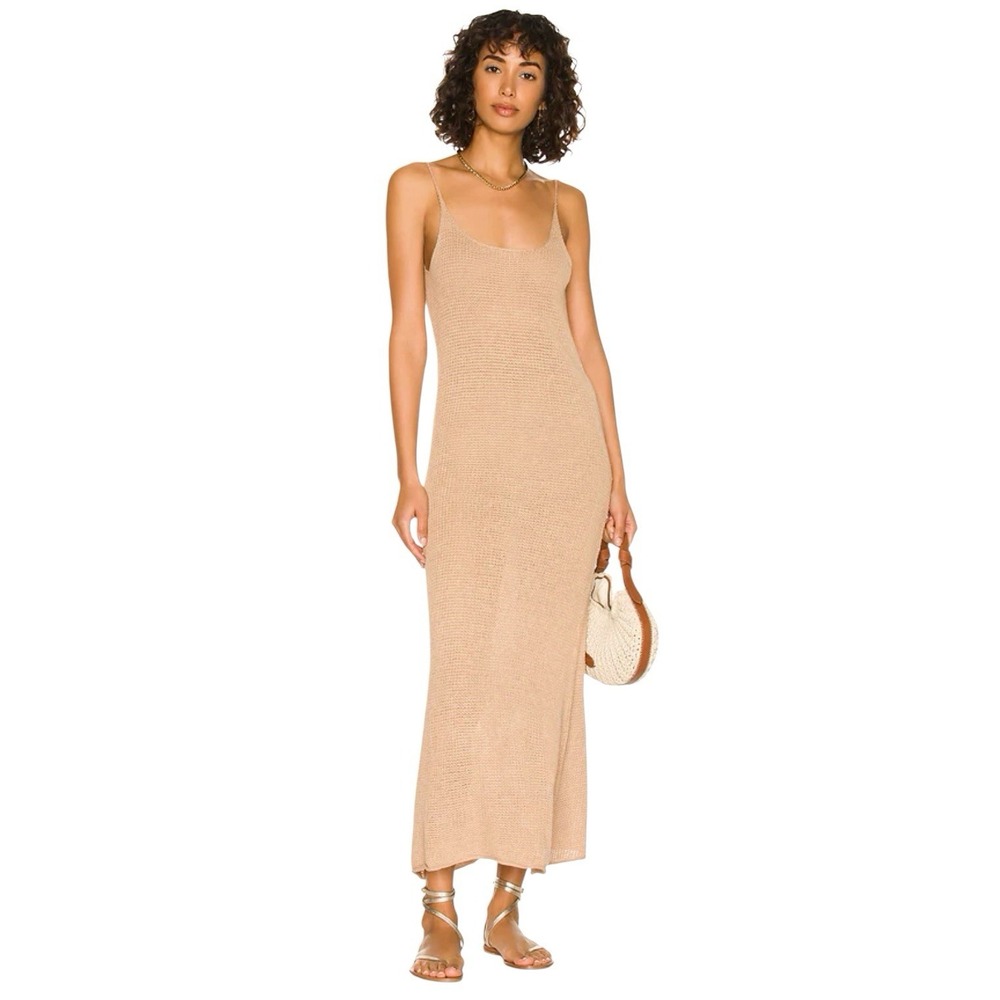 Onia Tan Open Knit Crochet Maxi Slip Sweater Dress Beach Resort Coastal Small